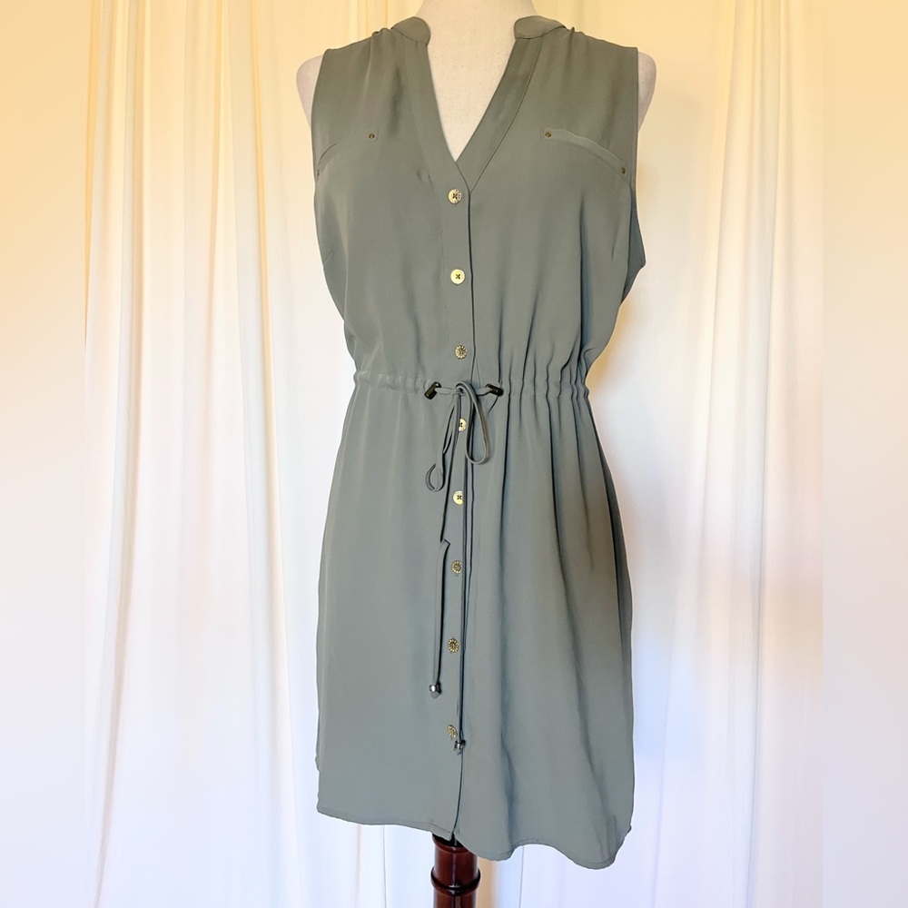 Guess Sleeveless Button Front Drawstring Waist Shirt Dress - Sage Green Size L